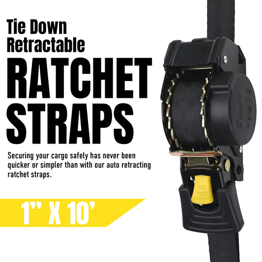 Stay There Retractable Ratchet Straps (2-Pack) - 1 Inch x 10 Feet (1800lb Break Strength) - Heavy Duty Auto Self Retracting Tie Down Straps for Truck, Cargo Trailer, Motorcycle & More - Black(副本)
