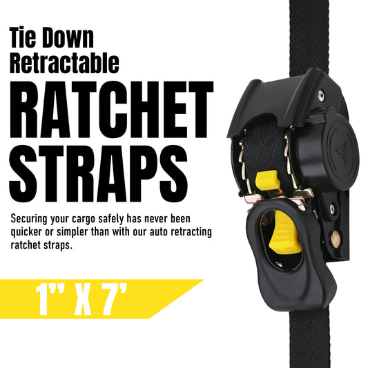 Stay There Retractable Ratchet Straps (4-Pack) - 1 Inch x 7 Feet (1100lb Break Strength) - Heavy Duty Auto Self Retracting Tie Down Straps for Truck, Cargo Trailer, Motorcycle & More - Black