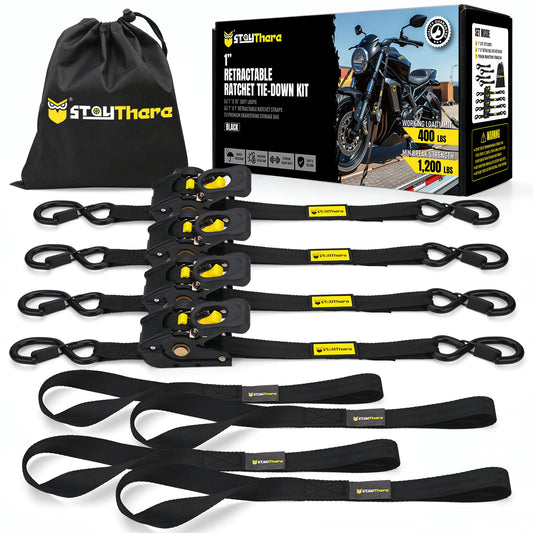 Stay There Retractable Ratchet Straps (4-Pack) - 1 Inch x 7 Feet (1100lb Break Strength) - Heavy Duty Auto Self Retracting Tie Down Straps for Truck, Cargo Trailer, Motorcycle & More - Black