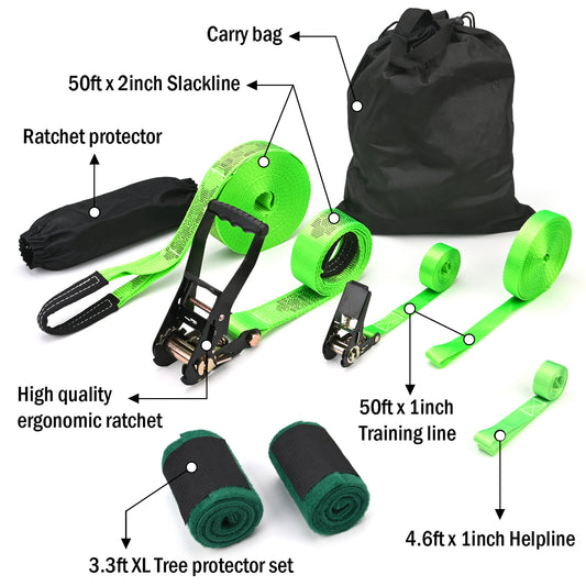 Slackline Kit with Training Line Tree Protectors Ratchet Protectors Arm Trainer Easy Set up Instruction Booklet for Family Adults Children Kids