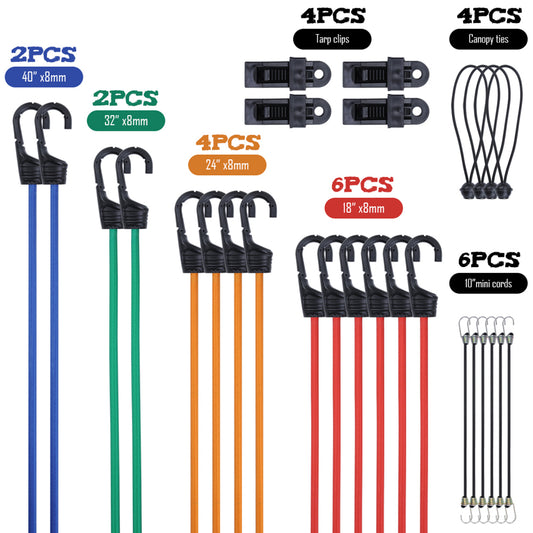 28pcs 100% Latex Bungie Cord Straps with Hooks