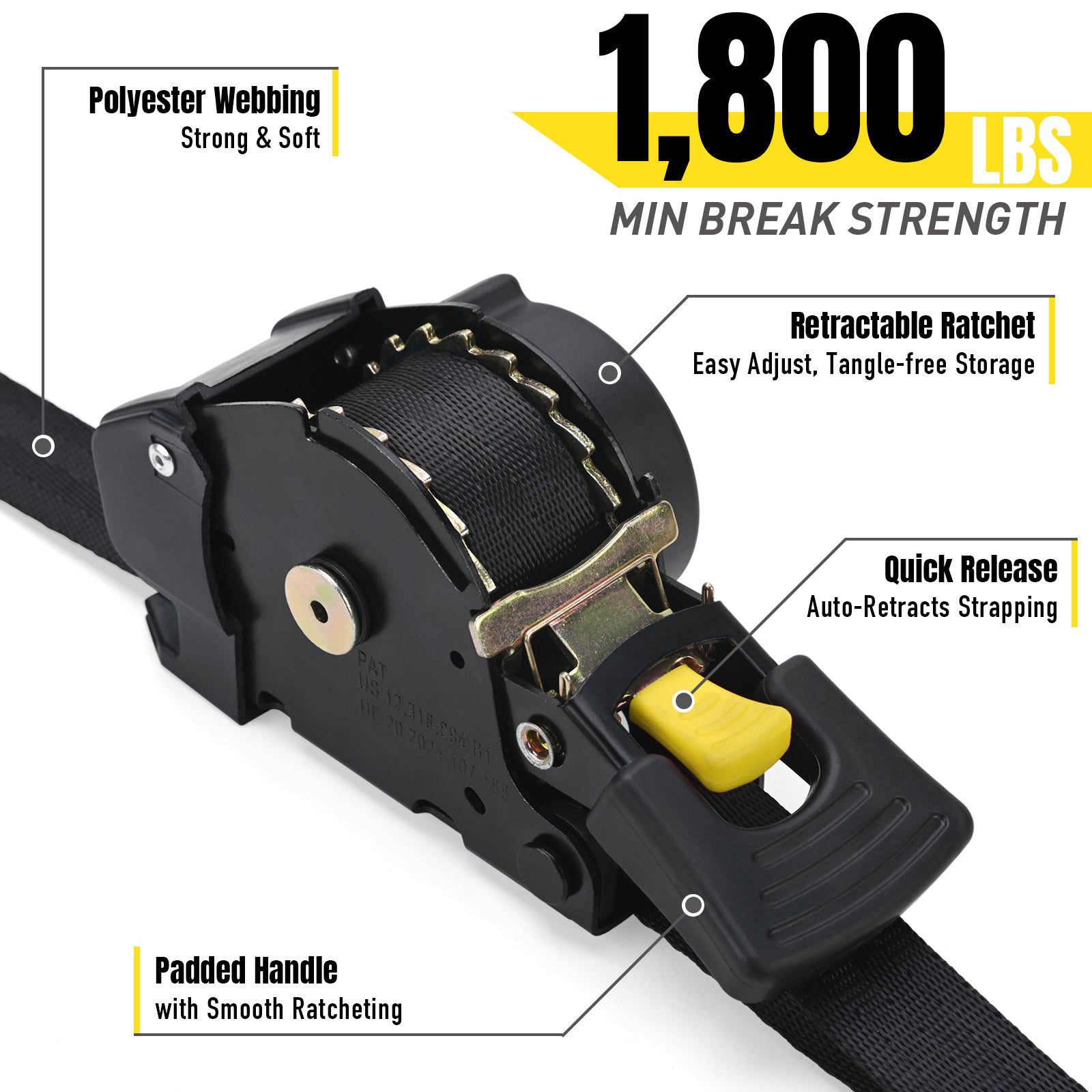Stay There Retractable Ratchet Straps (4-Pack) - 1 Inch x 10 Feet (1800lb Break Strength) - Heavy Duty Auto Self Retracting Tie Down Straps for Truck, Cargo Trailer, Motorcycle & More - Black