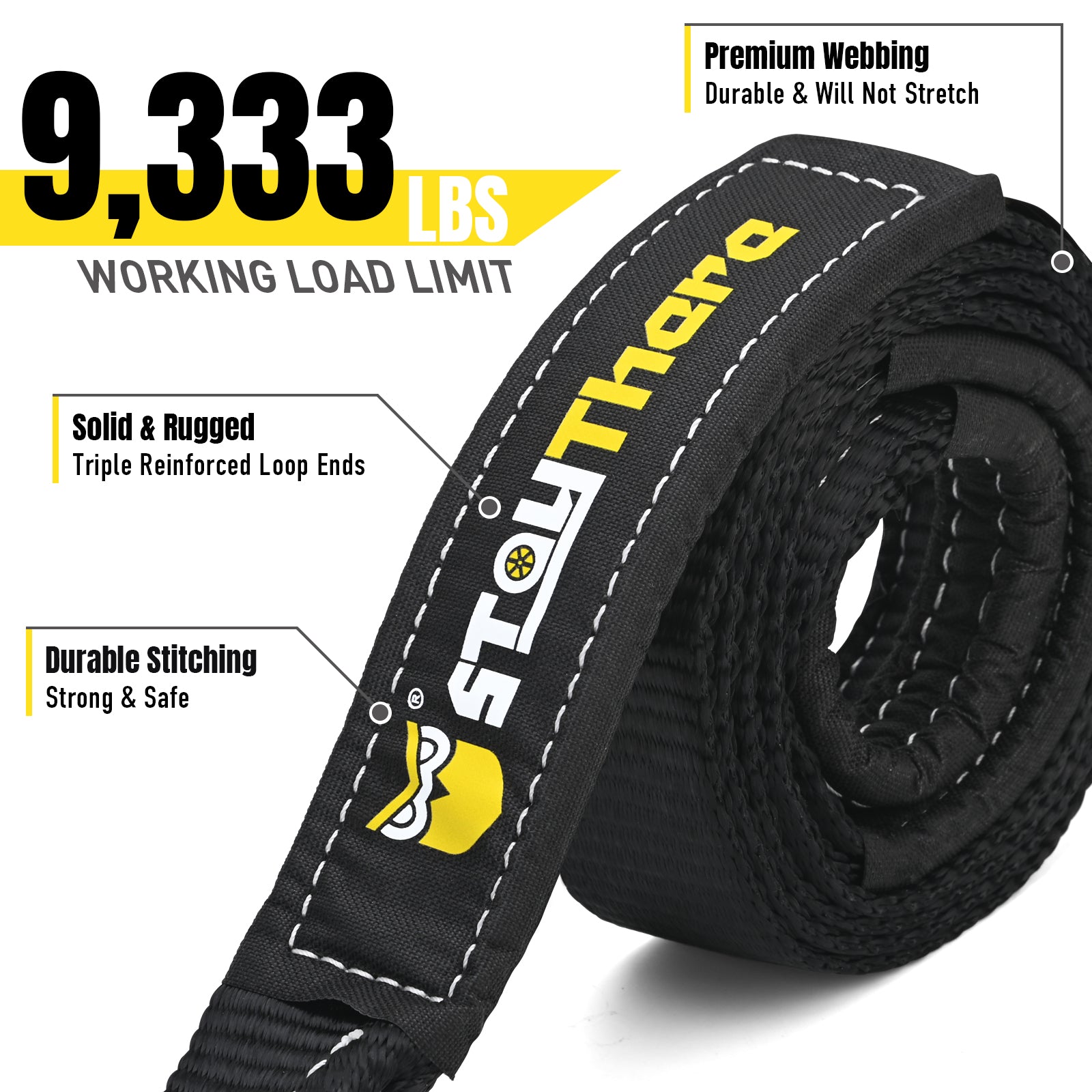 Stay There Tow Recovery Strap, Heavy Duty with 30,000 lb Capacity-Emergency Towing Rope for Recovery Vechiles-Storage Bag… (Black, 2'' x 20 ft Tow Strap)