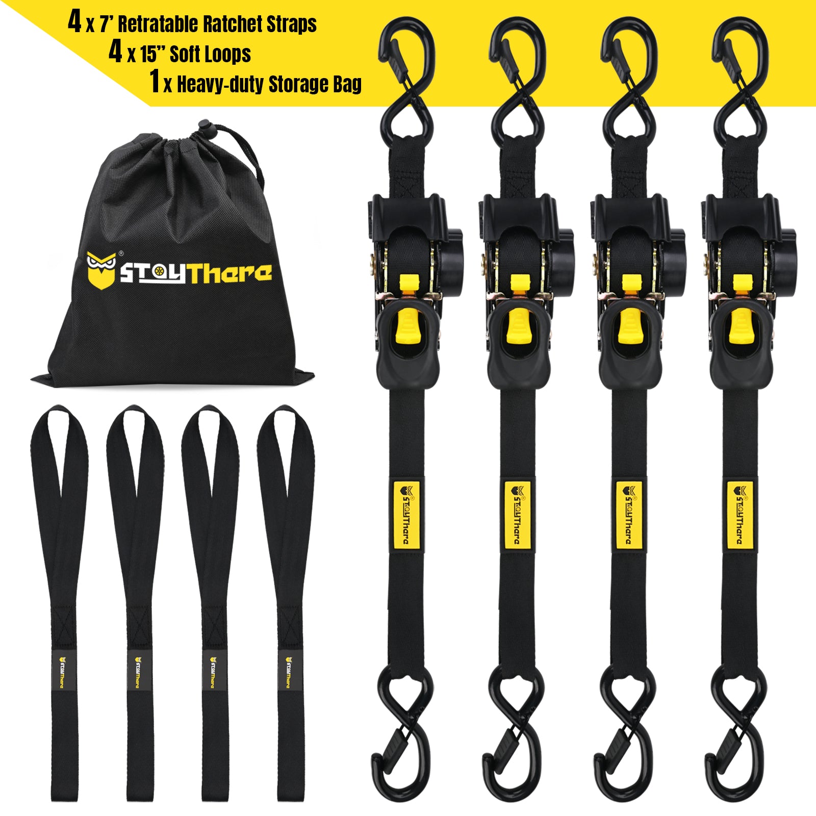 Stay There Retractable Ratchet Straps (4-Pack) - 1 Inch x 7 Feet (1100lb Break Strength) - Heavy Duty Auto Self Retracting Tie Down Straps for Truck, Cargo Trailer, Motorcycle & More - Black
