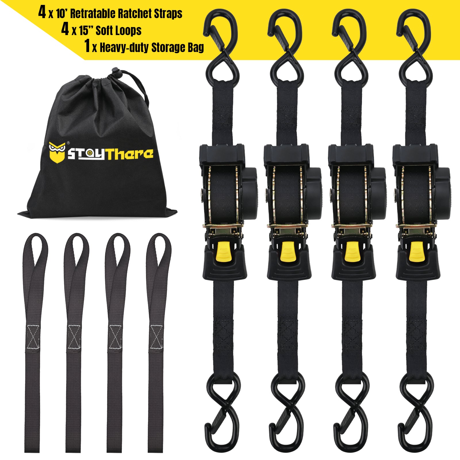 Stay There Retractable Ratchet Straps (4-Pack) - 1 Inch x 10 Feet (1800lb Break Strength) - Heavy Duty Auto Self Retracting Tie Down Straps for Truck, Cargo Trailer, Motorcycle & More - Black