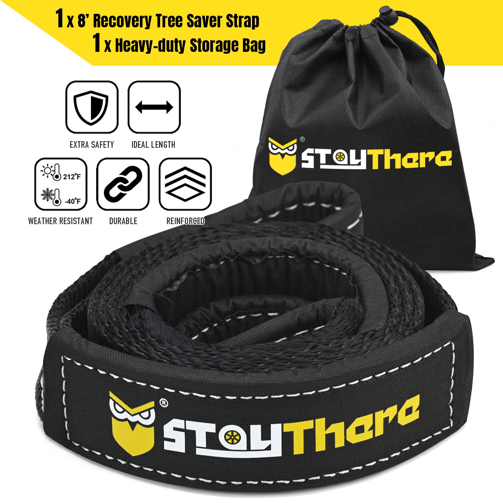 Stay There Tow Recovery Strap, Heavy Duty with 30,000 lb Capacity-Emergency Towing Rope for Recovery Vechiles-Storage Bag… (Black, 2'' x 20 ft Tow Strap)