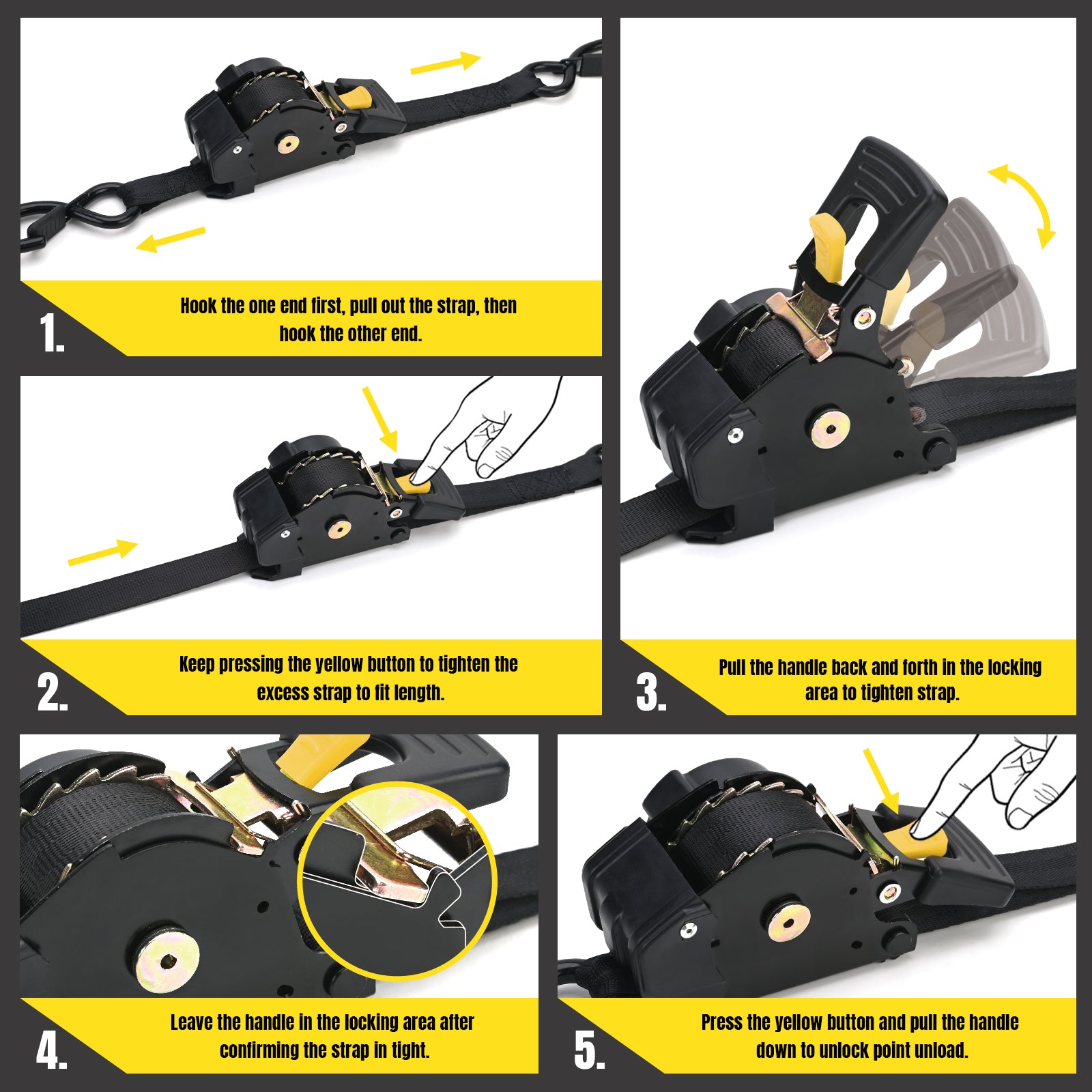 Stay There Retractable Ratchet Straps (4-Pack) - 1 Inch x 10 Feet (1800lb Break Strength) - Heavy Duty Auto Self Retracting Tie Down Straps for Truck, Cargo Trailer, Motorcycle & More - Black