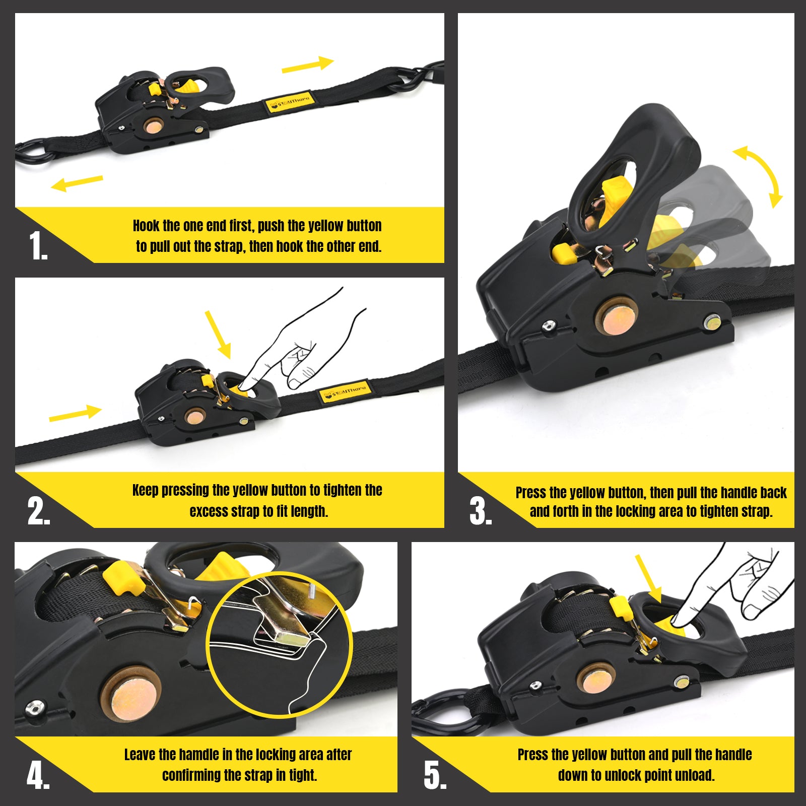 Stay There Retractable Ratchet Straps (4-Pack) - 1 Inch x 7 Feet (1100lb Break Strength) - Heavy Duty Auto Self Retracting Tie Down Straps for Truck, Cargo Trailer, Motorcycle & More - Black