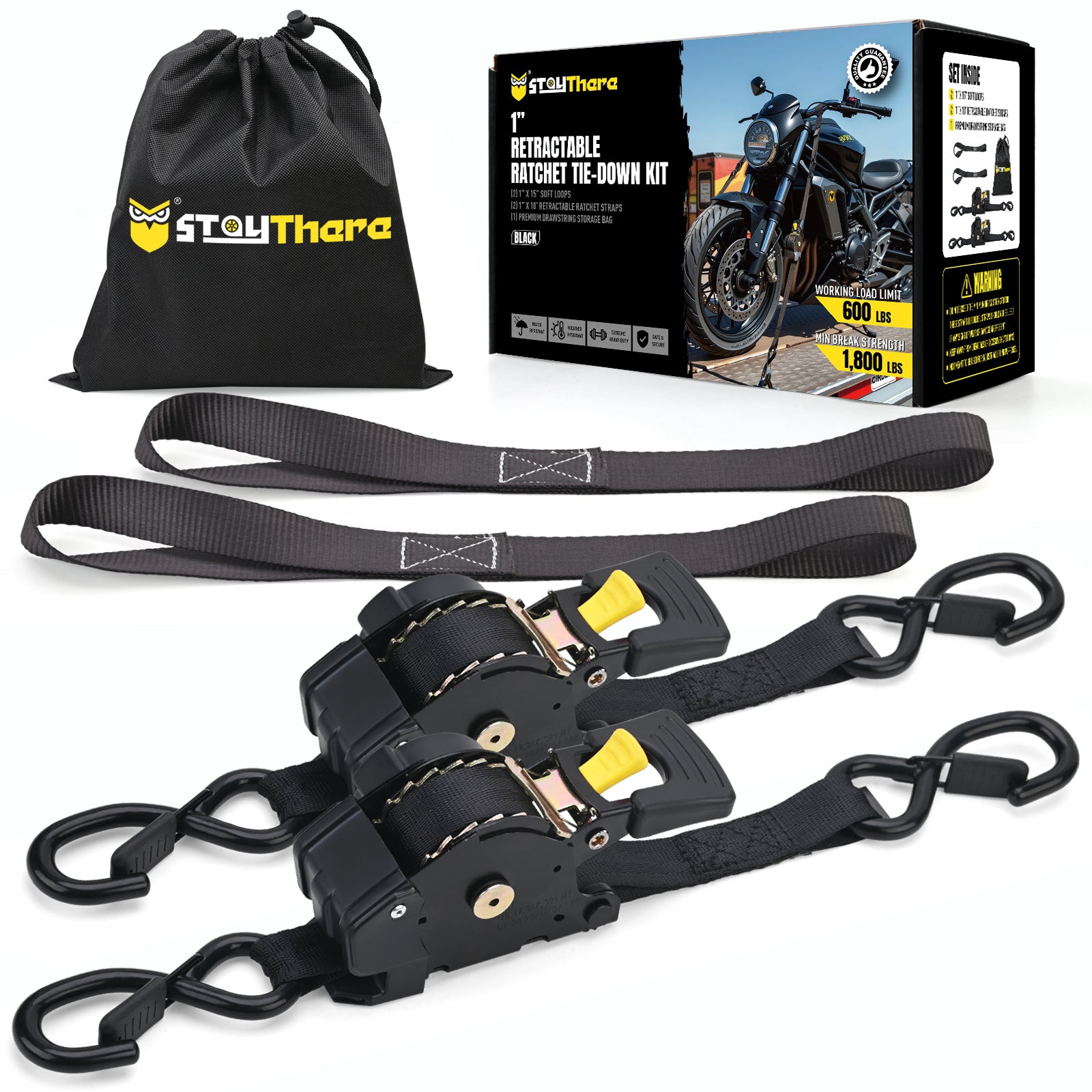 Stay There Retractable Ratchet Straps (2-Pack) - 1 Inch x 10 Feet (1800lb Break Strength) - Heavy Duty Auto Self Retracting Tie Down Straps for Truck, Cargo Trailer, Motorcycle & More - Black（副本）