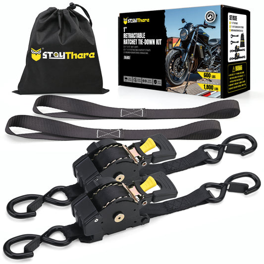 Stay There Retractable Ratchet Straps (2-Pack) - 1 Inch x 10 Feet (1800lb Break Strength) - Heavy Duty Auto Self Retracting Tie Down Straps for Truck, Cargo Trailer, Motorcycle & More - Black（副本）
