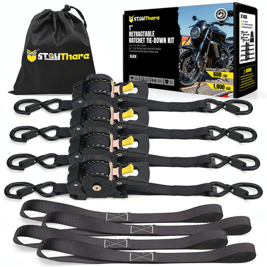 Stay There Retractable Ratchet Straps (4-Pack) - 1 Inch x 10 Feet (1800lb Break Strength) - Heavy Duty Auto Self Retracting Tie Down Straps for Truck, Cargo Trailer, Motorcycle & More - Black